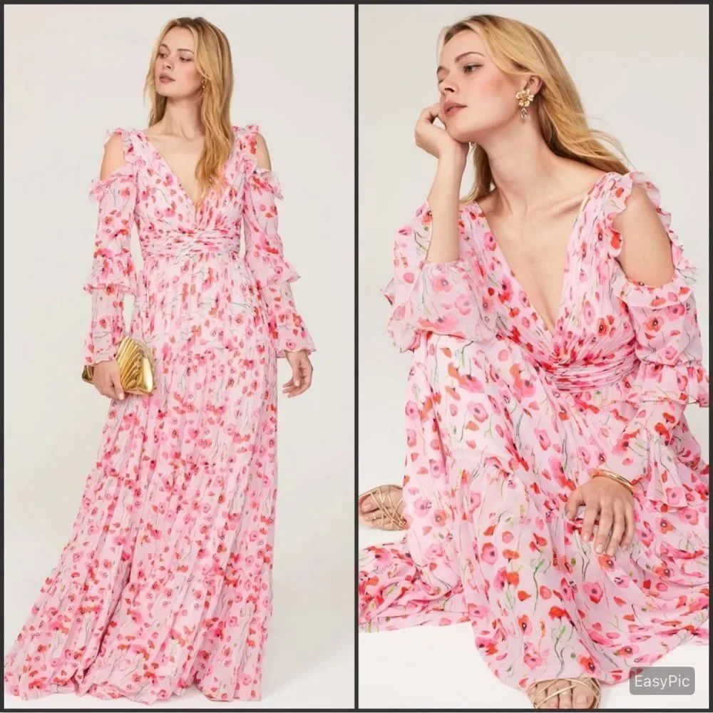 Mac Duggal Pink White Size 12 Flowy Ruffle Sleeve V Neck Floral Maxi Gown